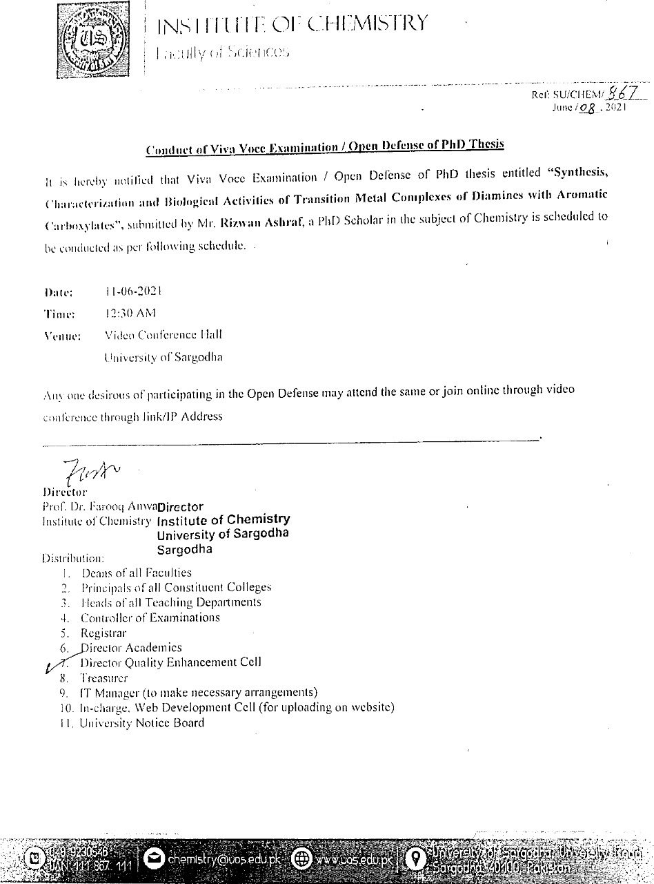 Conduct of Online Viva-Voce of M.Phil/MSc (Hons) / MS/Ph.D Scholars